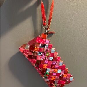 Nahui Ollin Pink Metallic Woven Wristlet Clutch